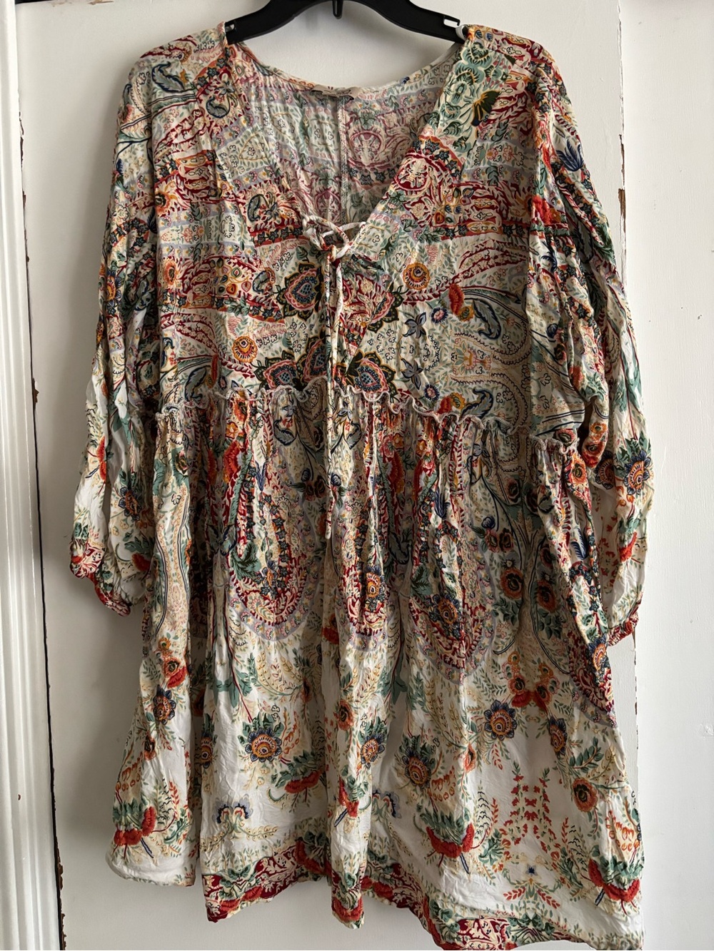 Boho Paisley Tie-Front Tunic - Cream Multi